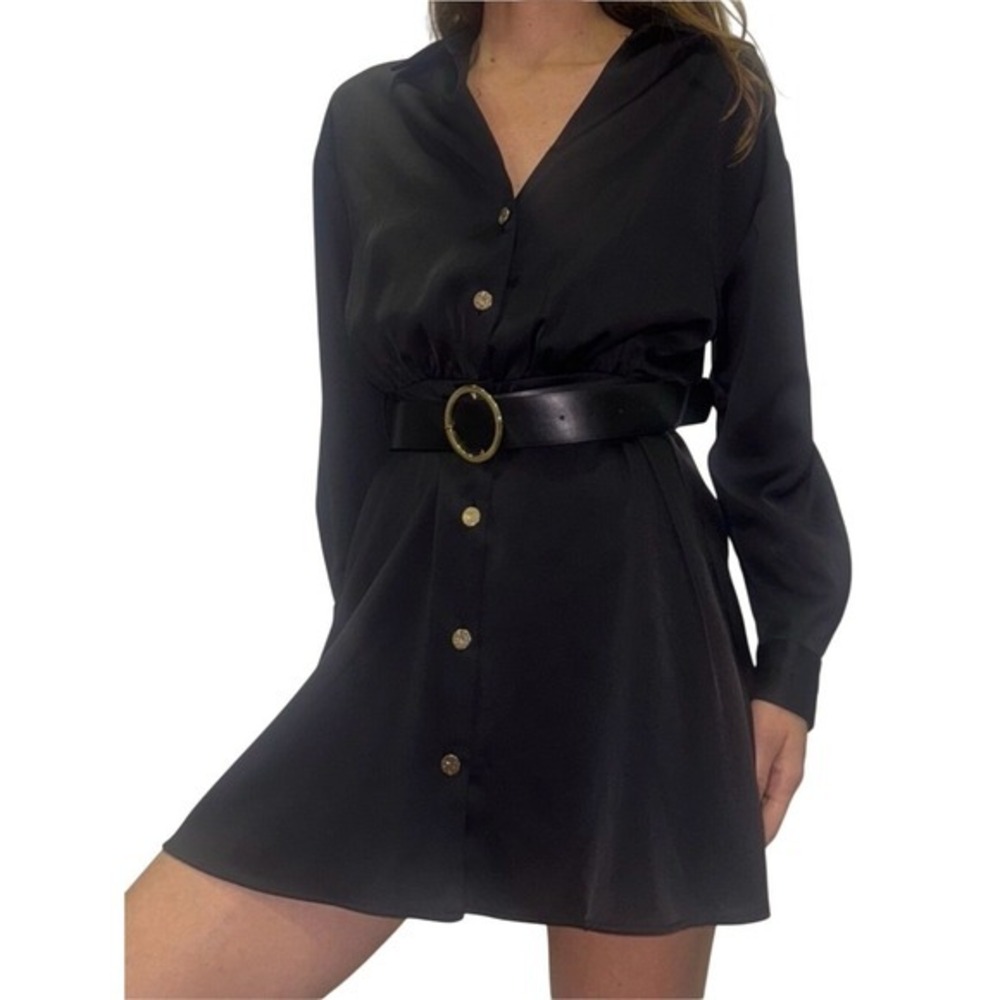 Zara Black Button-Down Dress Longline Shirt Gold Buttons Sz XL Whimsigoth classi